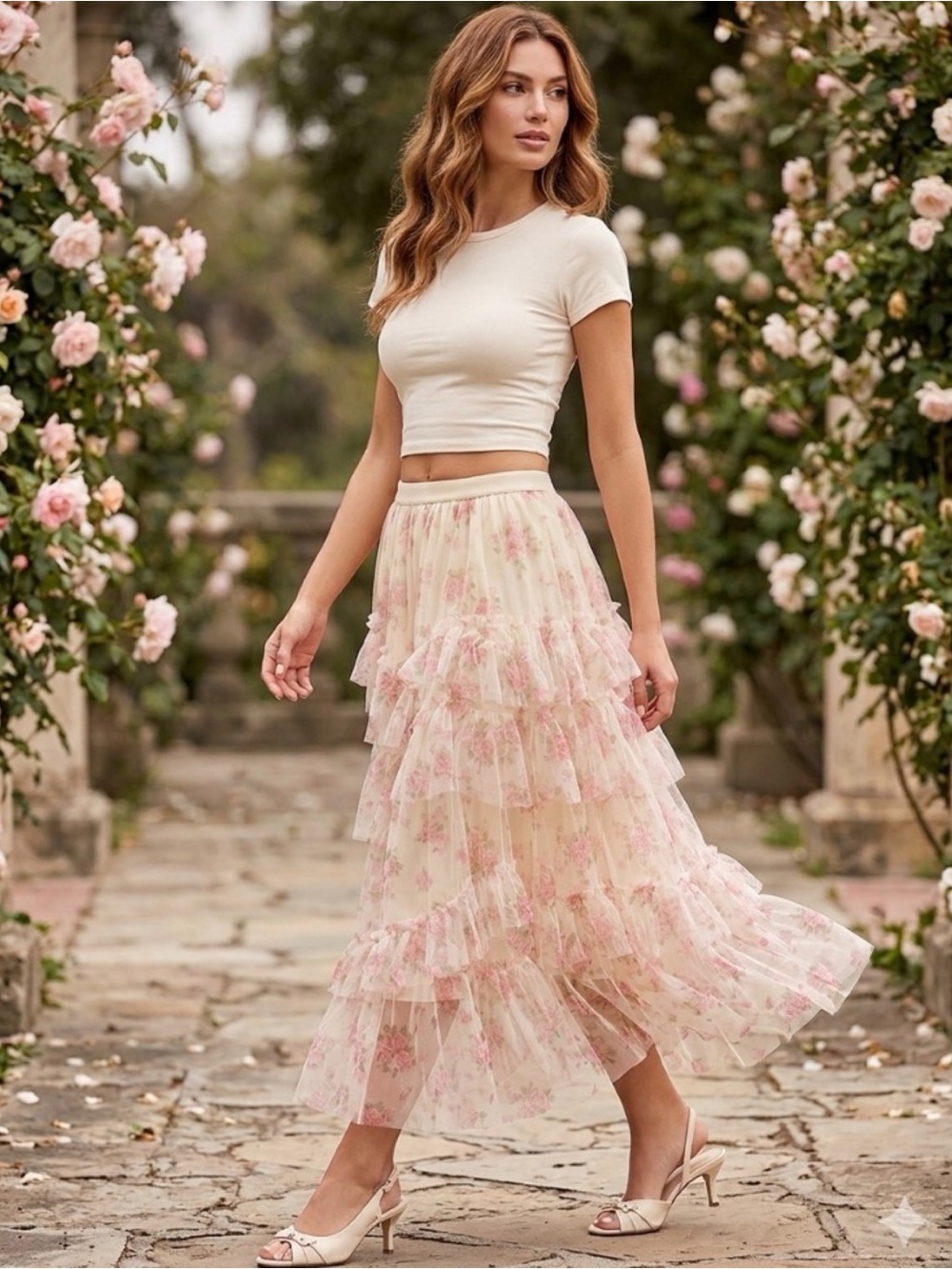 Amber Sky Boho Floral Tiered Ruffle Tulle Feminine Coquette Miaxi Fairy Skirt M